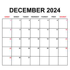 december 2024 with holydays or red dates. monthly calendar design with week starts on sunday. printable, simple, and clean vector design isolated on white background.