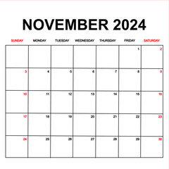 november 2024 with holydays or red dates. monthly calendar design with week starts on sunday. printable, simple, and clean vector design isolated on white background.