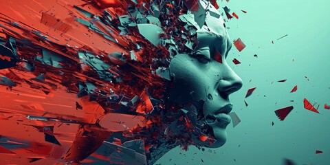 Depicting mental stress with fragmented, chaotic elements shows inner turmoil. Contrasting colors and disorienting details create a visceral representation of mental challenges. 🧠💥