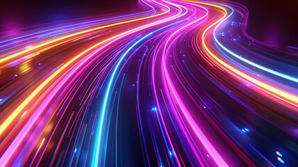 A digital artwork of vibrant neon light trails, multicolored lines cascading downward in a fluid motion