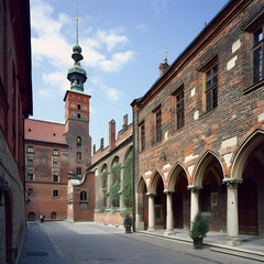 Obraz premium Man rides his bike down a cobblestone street past old brick buildings in europe