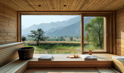 Fototapeta premium Wooden sauna offering relaxing view over mountain landscape