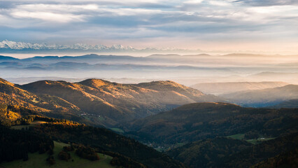 Light over the autumn Black Forest and Alps