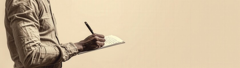 Person writing on a notepad, close-up of hand and arm.