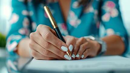 Woman Signing a Document with a Pen.