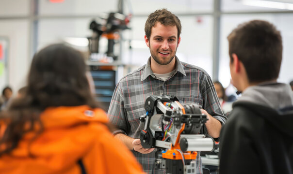 Robotics teacher showing robot to students in laboratory