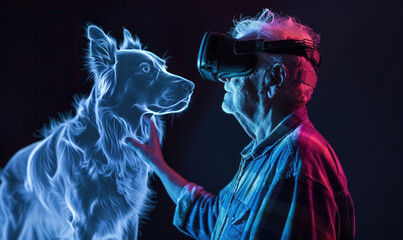 Senior man wearing vr headset petting hologram dog in metaverse