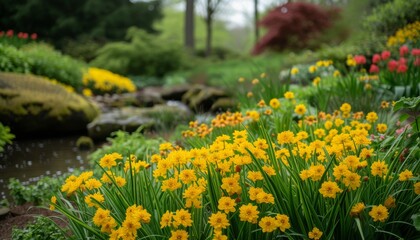 Obraz premium A garden with yellow flowers showcases natural beauty and richness 🌼✨ Creating visually appealing serene scene, perfect for relaxation