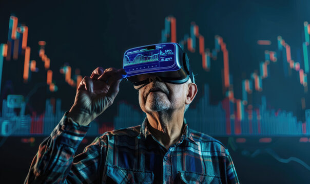 Senior stock market trader wearing vr headset analyzing charts displayed on a virtual screen - Powered by Adobe