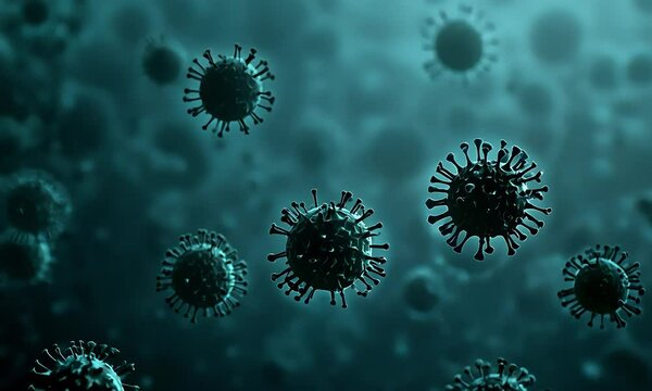 Microscopic view of floating influenza virus cells with detailed spiky surface made with Ai generative technology