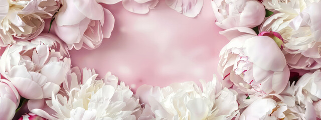 Floral frame with white and pastel pink peonies on light pink background for wedding, Mothers day, Womans day card. Flower composition with place for text, copy space. Flat lay, top view