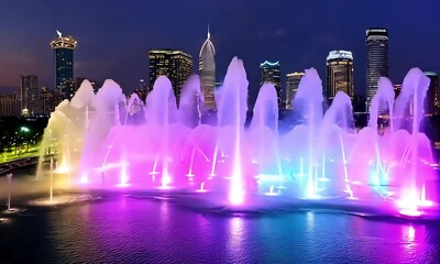 A grand water fountain show with synchronized jets shooting high into the air made with Ai generative technology