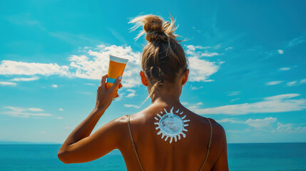 femme vue de dos avec un soleil dessiné à la crème solaire et qui tient un tube jaune dans sa main