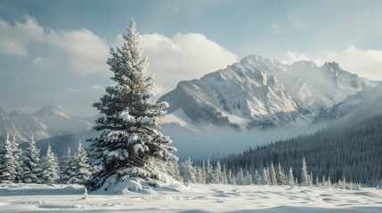 Fototapeta premium beautiful snow covered pine tree with snow filled pine forest and mountains background