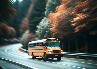 Obraz premium Autumn Journey: School Bus on a Winding Road With Motion Blur for Back to School