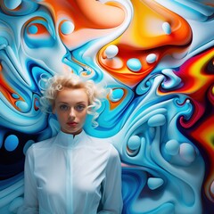 Portrait of an attractive woman with curly blonde hair in a fitted white blouse, standing against a vibrant, swirling abstract background. Art and fashion concept.