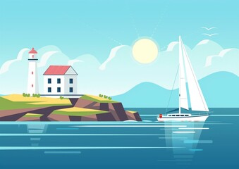 Beautiful Coastal Landscape with Lighthouse and Sailboat - Digital Illustration