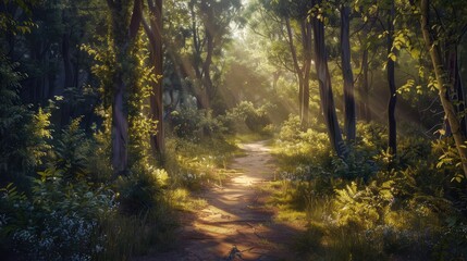Obraz premium Capture the serene beauty of a sunlit path winding through a tranquil forest