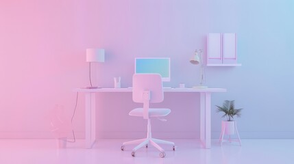 Minimalist home office with white desk, chair, and computer.  Gradient pink and blue wall.  Empty workspace.