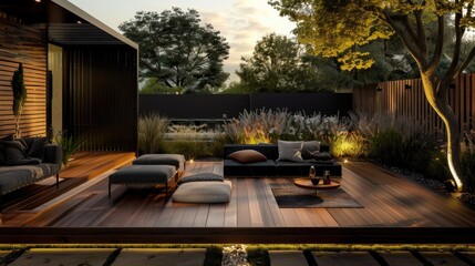 Fototapeta premium Modern design of home patio deck with garden view