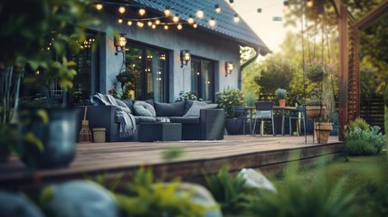 Modern design of home patio deck with garden view