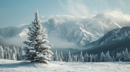 Fototapeta premium beautiful snow covered pine tree with snow filled pine forest and mountains background