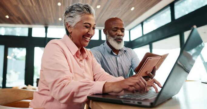 Elderly, couple and passport in home with laptop for visa application, registration and information for accommodation. Man, woman and tech in house for online shopping, ticket and travel booking.