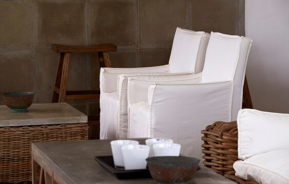 Closeup of elegant white sofa, indoors