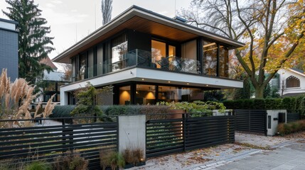 a modern city villa with a chic fence