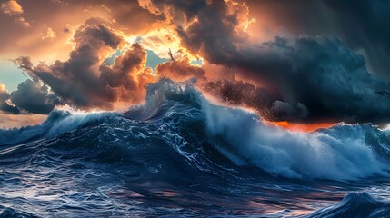 A dramatic ocean storm with towering waves and dark clouds