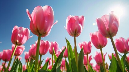 Field of pink tulips under blue sky on sunny day, close-up view. Spring and nature concept