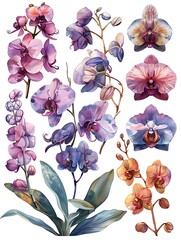 set water color orchid flower illustration design isolated on white background