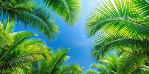 Fototapeta premium Lush green palm branches against a blue sky , tropical, foliage, leaves, nature, vibrant, trees, exotic, vacation, sunny