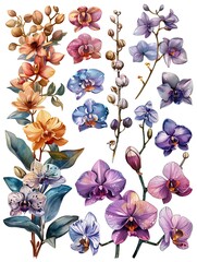 set water color orchid flower illustration design isolated on white background
