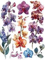 set water color orchid flower illustration design isolated on white background