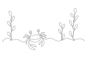 Crab and seaweed on bottom of reservoir, drawing in form of single continuous line in minimalism. Editable vector contour © YULIA