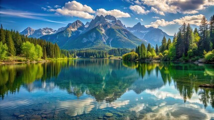 Naklejka premium Beautiful landscape featuring a serene lake surrounded by majestic mountains , tranquil, scenic, nature, water