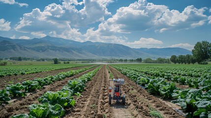 Obraz premium Machine on the Ground in the Foreground, Blue Sky and White Clouds in the Background, Large Vegetable Field and Distant Mountains
