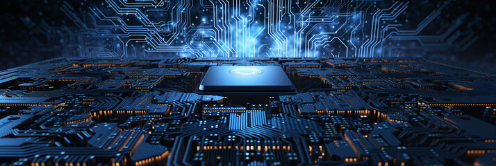 Wide image depicting an up-close abstract representation of chip technology in detail.
