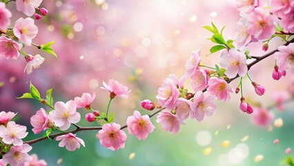 Obraz premium Elegant and serene Sakura wallpaper with pink blossoms and green leaves, spring, floral, nature, cherry blossom, Japanese