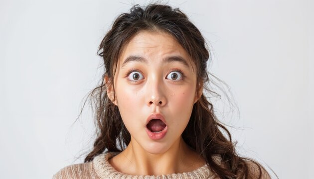 Surprised Asian Teenager with Wide Eyes and Open Mouth Isolated on White Background