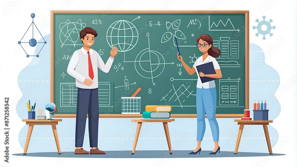 Sticker Math Science Concept. Tiny Male and Female Students Characters in Lab or School Class Learning Mathematics at Huge Sign Pi. People Gaining Education and Writing Formulas. Cartoon Vector Illustration