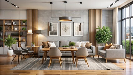 Fototapeta premium Modern living room interior mock up with wall art and dining room background decor, home, mock up, modern, living room