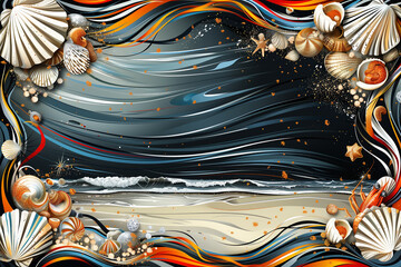 A beach scene with shells and a wave. Scene is calm and peaceful, with the shells and the ocean creating a serene atmosphere