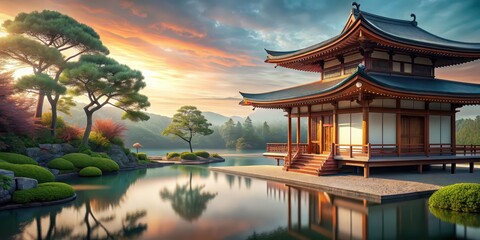 Obraz premium Serene Japanese landscape enhanced with volumetric stucco molding and copper elements, Japanese, landscape, serene
