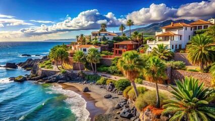 Naklejka premium Tropical resort houses and exotic plants on Tenerife beach , Tenerife, Canary Islands, Spain, beach, resort, tropical