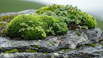 Moss-covered stone surface, showcasing the symbiotic textures of rock and plant life. , Minimalism,
