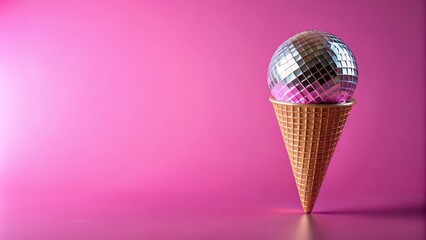 Disco ball ice cream cone on pink background, disco ball, ice cream, cone, pink background, dessert, fun, shiny, vibrant, colorful