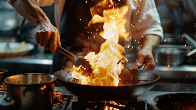 Culinary Techniques: Capture the use of culinary techniques such as flambéing, caramelizing, or plating with precision and finesse