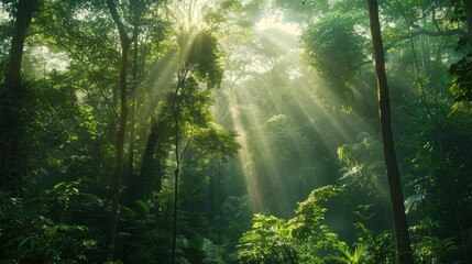 Fototapeta premium Sunlight streaming through a dense forest, tall trees and vibrant green canopy, lush foliage, ideal for landscape lovers, intricate details